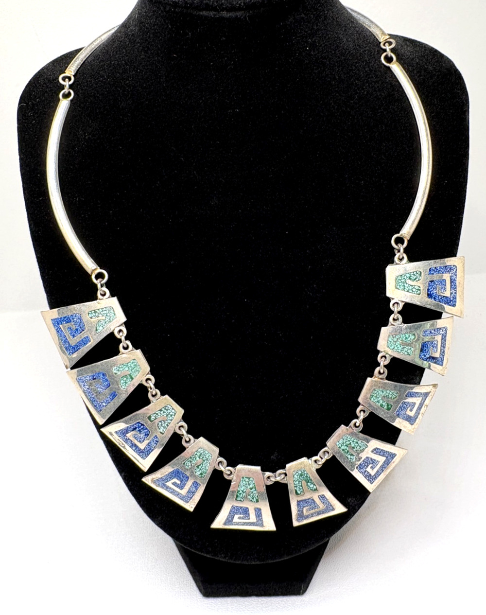 Vintage Silver Taxco Mexico Alpaca Abalone Inlay Mosaic Aztec Necklace 17 in